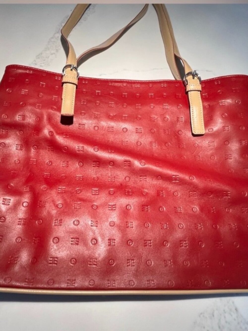 Arcadia Red Embossed‎ Logo Leather Tote Bag Tan Straps Made in Italy